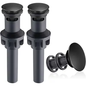 2 Pack Universal Bathroom Sink Drain Stopper, Pop Up Drain Strainer with Overflow, Push and Seal Sink Plug with Basket for Lavatory Vanity, Anti-Clogging Strainer, Matte Black