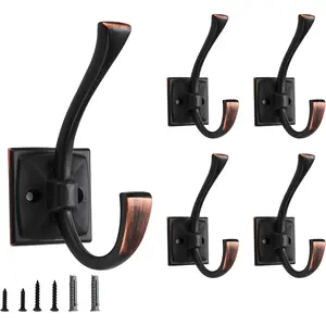 5 Pack Heavy Duty Decorative Double Towel Hooks, Oil Rubbed Bronze Wall Mounted Coat Hooks with Screws for Hanging Robe Key Towel Bags Cup Hat