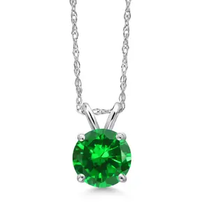 Gem Stone King 14K White Gold Green Created Emerald Pendant Necklace for Women | 1.00 Cttw | Gemstone May Birthstone | Round 6MM | With 18 Inch Chain