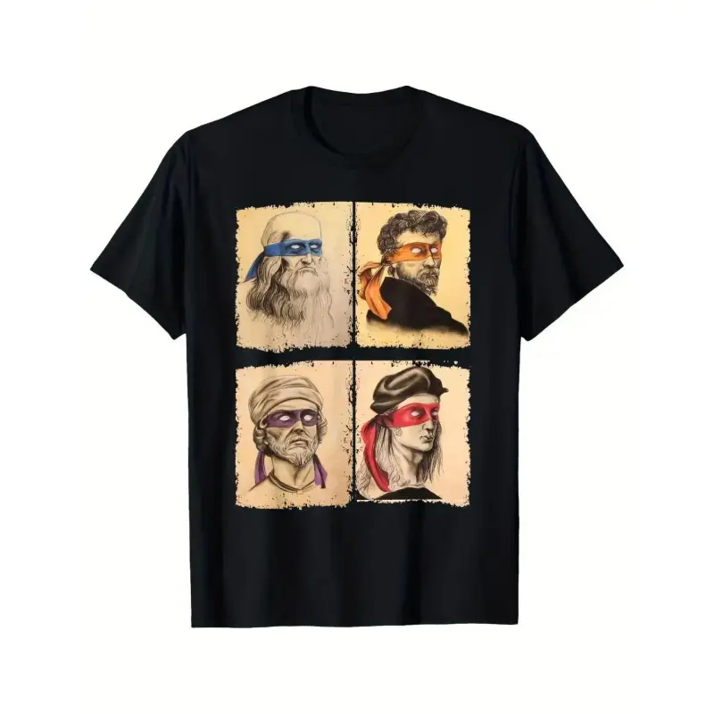Mens Casual Short Sleeve T Shirt Featuring Humorous Italian Artists and Teenage Mutant Ninja Turtles Artwork Regular Fit Round Neck Tee for Art Enthusiasts and Ninja Turtle Fans Black Crewneck