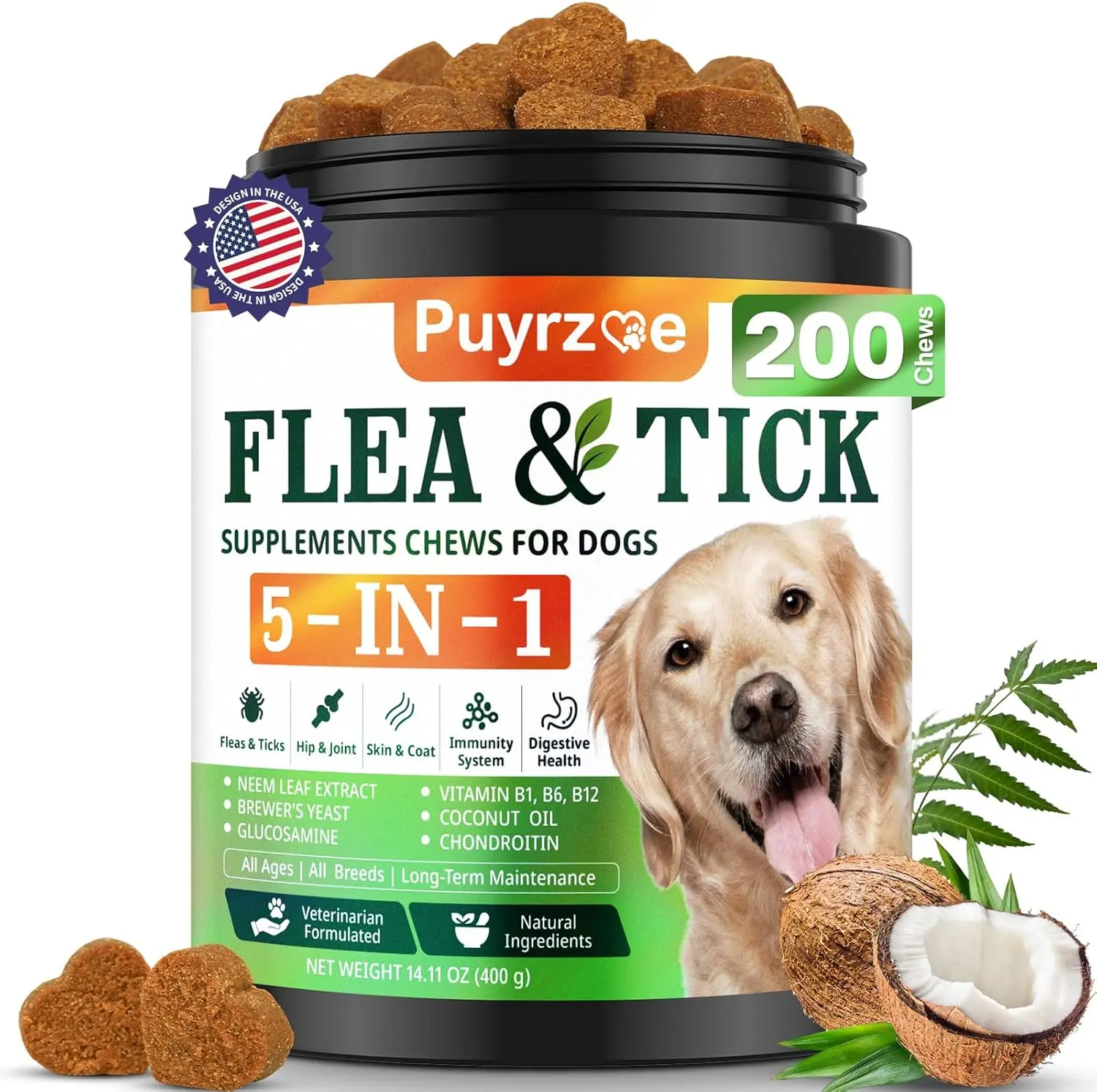 Puyrzoe 5-in-1 Flea & Tick Chews | Grain-Free Dog Food Formula | Supports Joint, Skin, Immune, and Digestion Health at the Same Time | For Dogs Supplements
