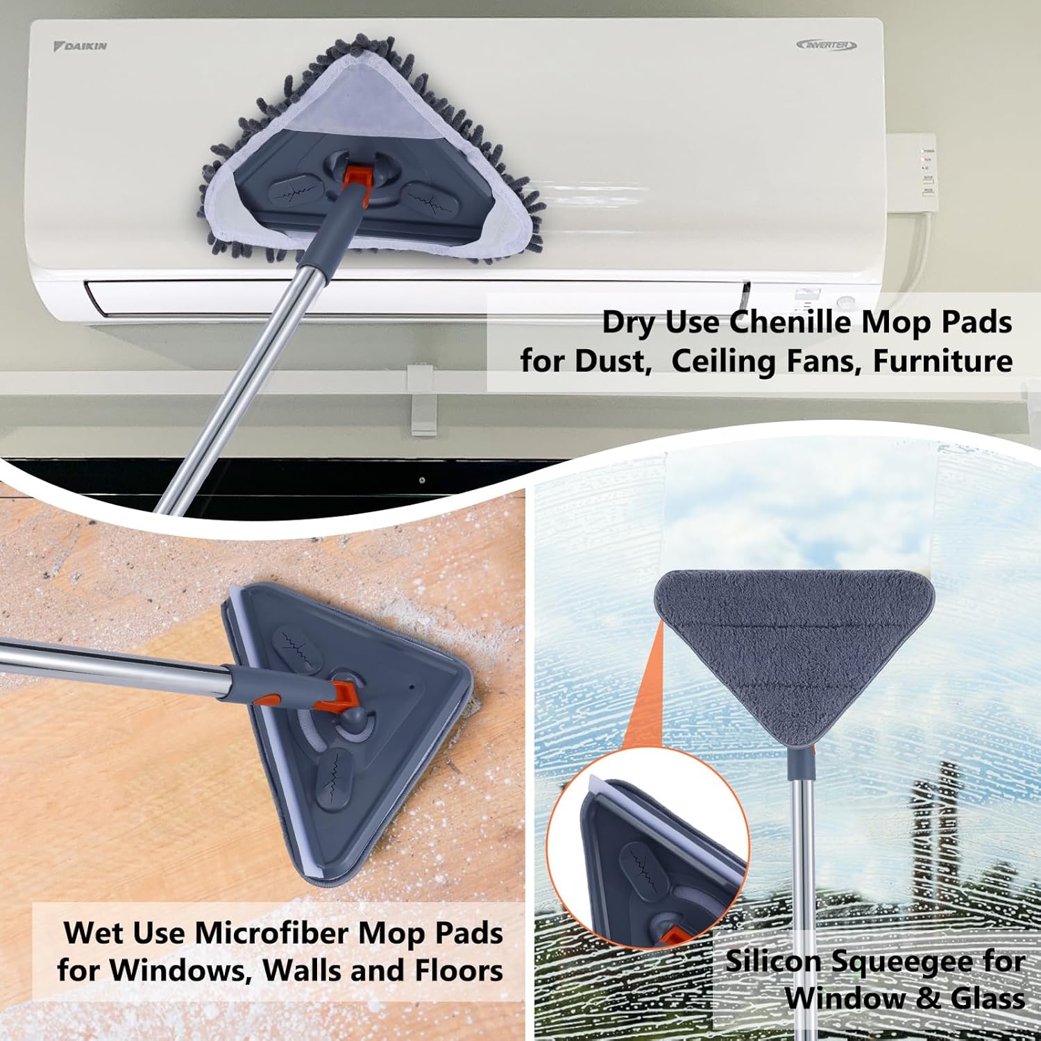 Wall cleaner adjustable-length wall mop with a 360° rotating head; floor and wall cleaning tool suitable for walls, ceiling fans, floors, baseboards, dust, kitchens, and general purposes; includes 6 replacement pads and 1 silicone squeegee.