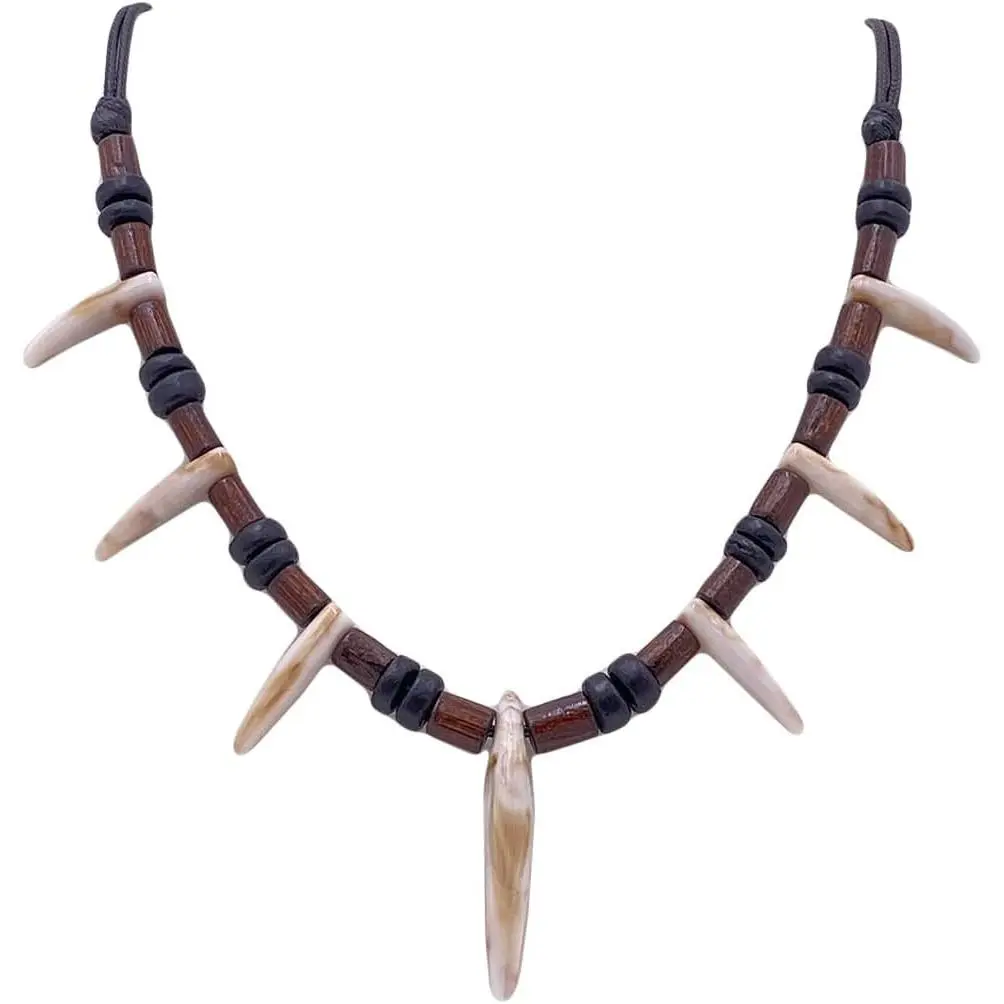 Bead Decorated Tribal Tooth Necklace for Men & Women, Handmade Caveman-Style Resin Pendant with Wooden Beads on an Adjustable Wax Rope, Bead Decorated Necklaces