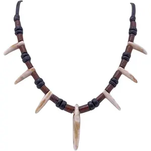 Wooden Bead Resin Tooth Adjustable Tribal Necklace for Men Women Caveman Black Coconut Wood Beads Necklace