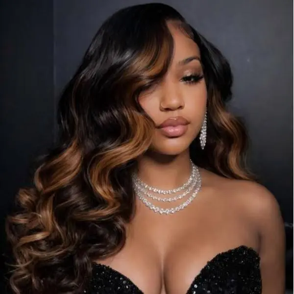 AFRIBYE Women's 30in Unprocessed Brazilian Virgin Human Hair 13x6 Glueless Frontal Wig, FB-30 Highlight Body Wave, 180 Density, Pre-Plucked Edges, Anti-Tangle, Natural Hairline, Soft Bouncy Texture, Heat-Resistant