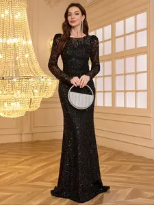 Elegant Backless Princess Sleeve Lace and Sequin Dress, Womenswear Form-Fitting Evening Gown with Train, Perfect for Formal Events, Formal Wear, Long Sleeve, Fitted