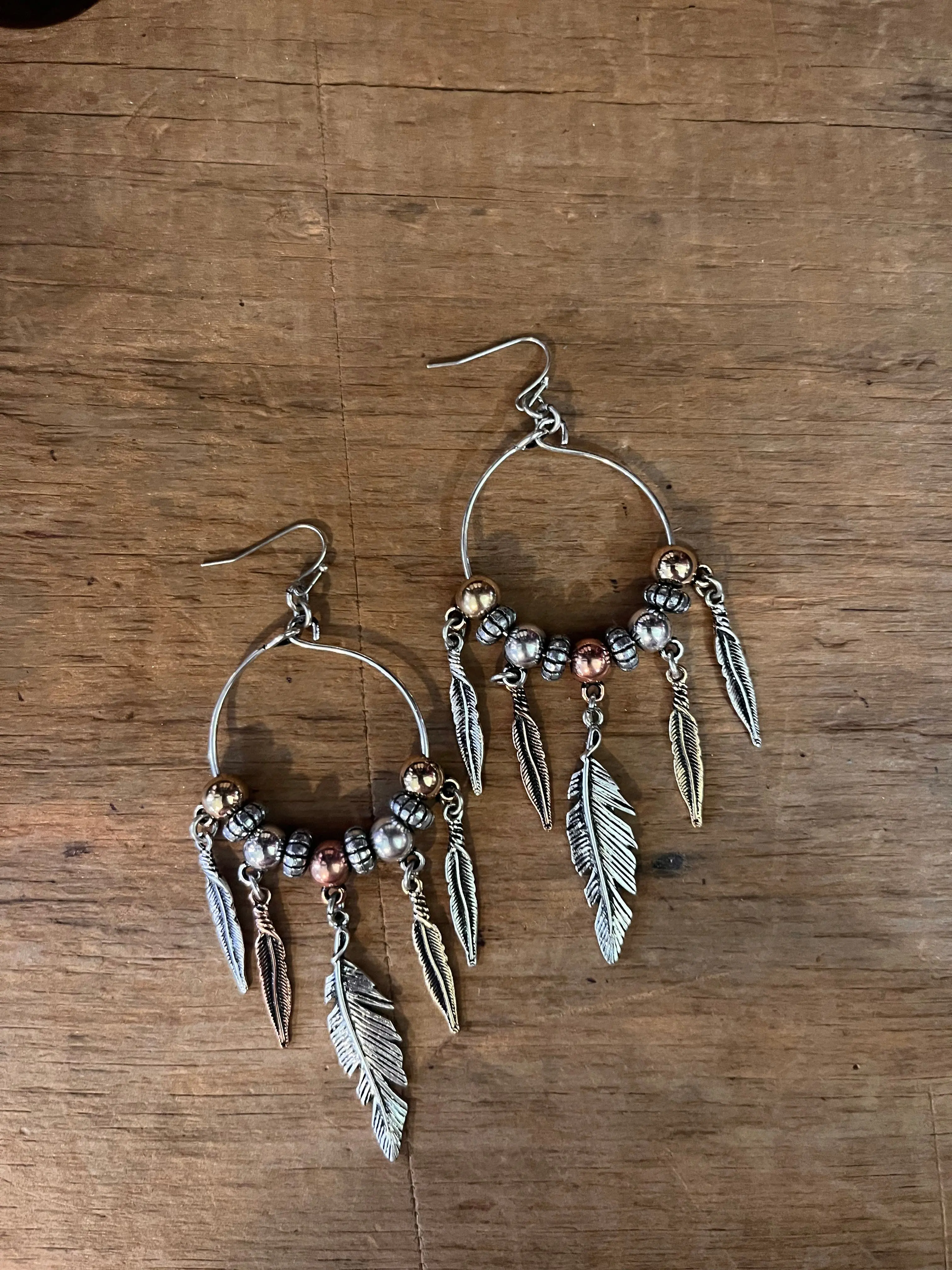 Feather Beaded Statement Drop Hoop Earrings - Bohemian, Feather-Trimmed, Ornate, Traditional Bead, Folk Fashion Costume Jewelry Accessory, Bohemian Earrings, Feather-Trimmed Earrings