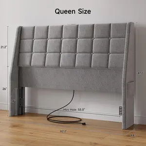 Ergonomic Upholstered Headboard Queen Size w/Charging Station, Linen Wingback Headboards w/Storage Pocket, Queen Headboard Only, Bed Frame Adapters, Sturdy Stable Solid Wood Bed Head Board, Light Grey