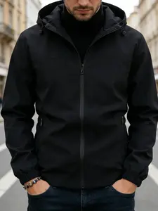 Men's Casual Windproof Hooded Jacket, 100% Polyester, Zipper Closure, Plain Fashion Outerwear, Spring & Fall