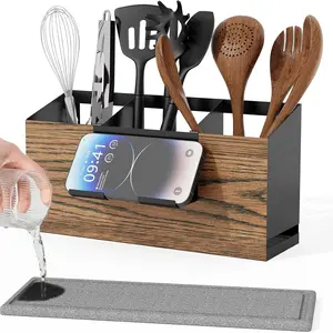Matte Black Farmhouse Wooden Pattern Kitchen Counter Utensil Holder with Phone Stand & Stone Drying Mat for Spatula, Ladle and Scoop Storage Durable Steel Stand