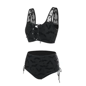 2025 Womens Gothic Bikini Sets Swimsuit Bat Crescent Star Print Bathing Suit Cinched Mesh Lace Up Cut Out Swimwear Two Piece Set Beach Bikinis