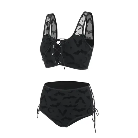 2026 Womens Gothic Bikini Sets Swimsuit Bat Crescent Star Print Bathing Suit Cinched Mesh Lace Up Cut Out Swimwear Two Piece Set Beach Bikinis