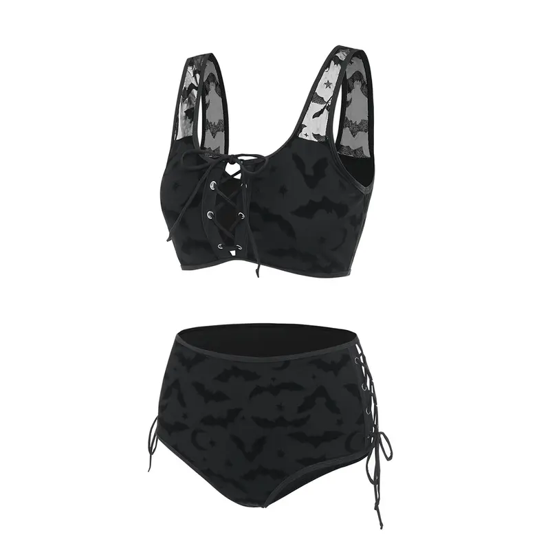 2026 Womens Gothic Bikini Sets Swimsuit Bat Crescent Star Print Bathing Suit Cinched Mesh Lace Up Cut Out Swimwear Two Piece Set Beach Bikinis