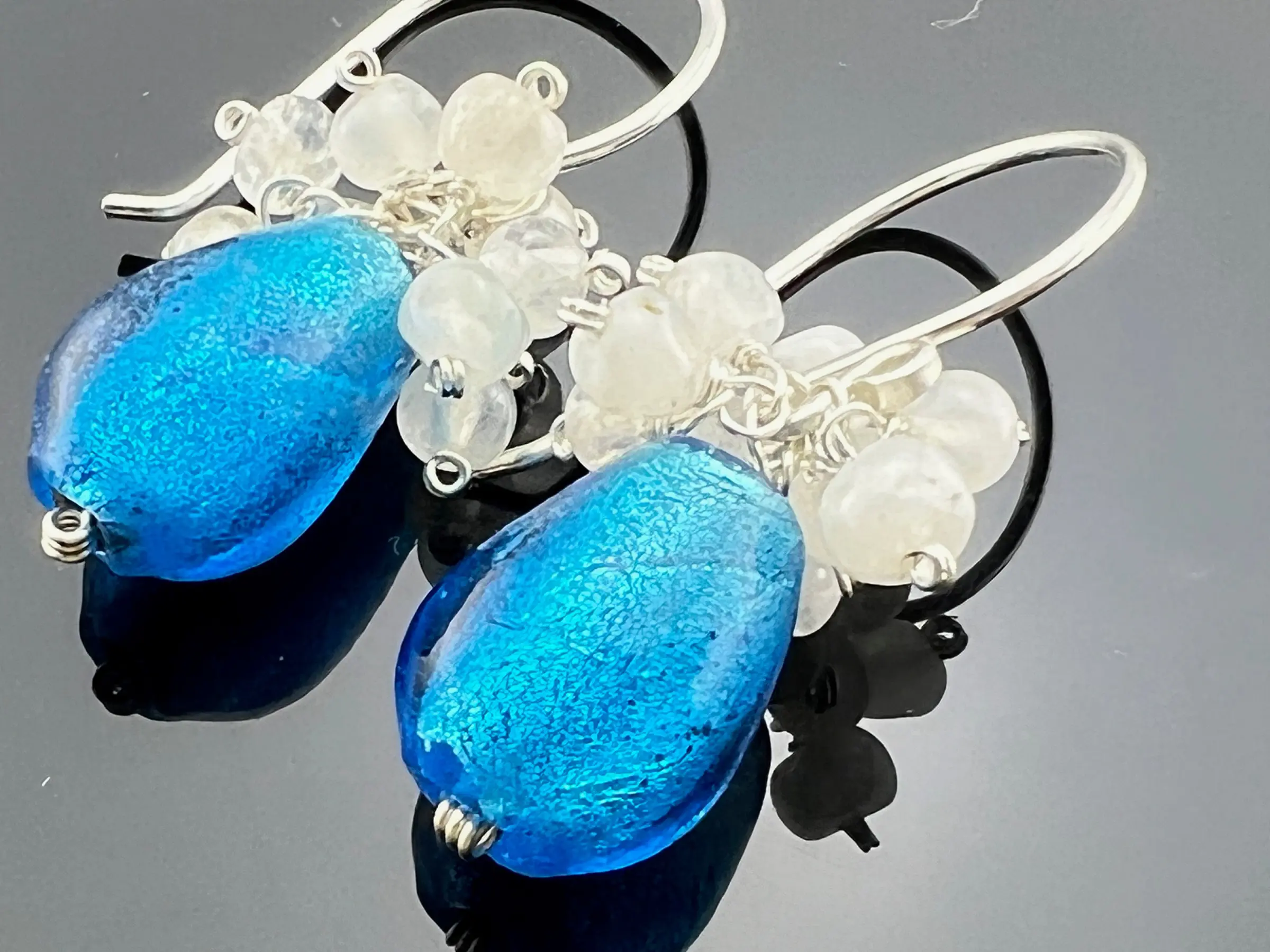 Blue Foil Glass & Rainbow Moonstone · 925 Sterling Silver Earrings · Iridescent Cluster Dangles · Handmade Gift for Her