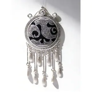 Handcrafted Silver Necklace with Round Pendant & Tassel |     Unique Boho Statement Pendant