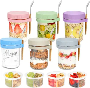 6 Pack Overnight Oats Containers with  and Spoons, 16 oz Mason Jars with Removable Separate Compartments, Airtight and Leak-Proof Glass Jars for  Pudding, Yogurt, and Oatmeal