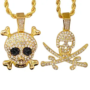 2PC Hip Hop Iced Pirate Skull With Swords Pendant & 4mm 24" Rope Chain Gold Silver Plated Hip Hop Necklace Jewelry Halloween Party
