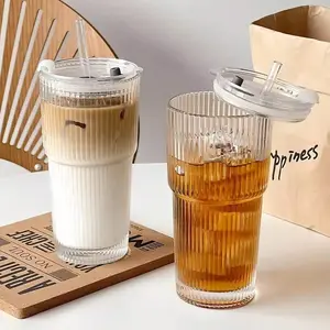Two 20oz Glass Beverage Cups, Glass Cups With Straws And LIDS, Covered Iced Coffee Cups, Beverage Glass Cups, Office, Home And Striped Glass Cups, Glass Coffee Cups, Iced Coffee Cups, Beverage Cups