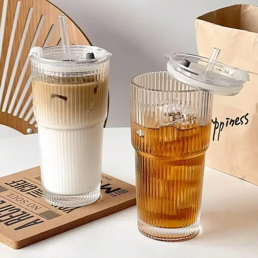 20oz Plain Transparent Ribbed Reusable Glass Tumblers (2-Pack) - With Straws, Lids, Beverage & Coffee Iced Drink Cups for Home, Office, Hand Wash Compatible Bathroom Tumblers, Set, Drinking