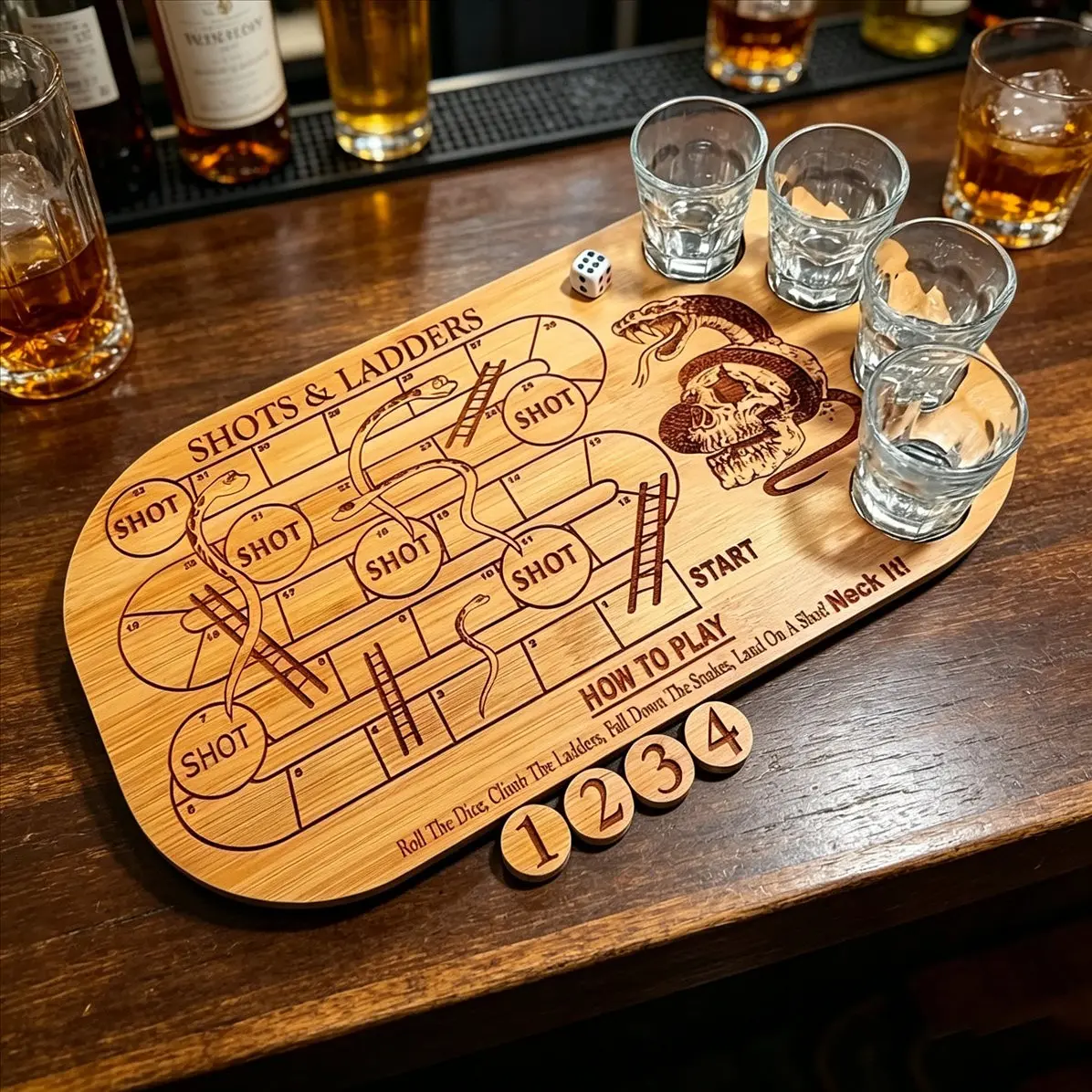 Shot's & Ladders Drinking Game Board, Wooden Construction, Party Table Game and Home Entertainment, No Power Required, Includes Dice, Drinking Board Games