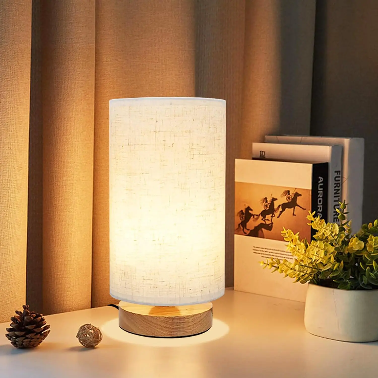 Compact Minimalist Wood Base Table Lamp with Round Fabric Shade, Warm White Light for Coffee Table, Baby Room, College Dorm - Home Improvement Indoor Lighting Fixture