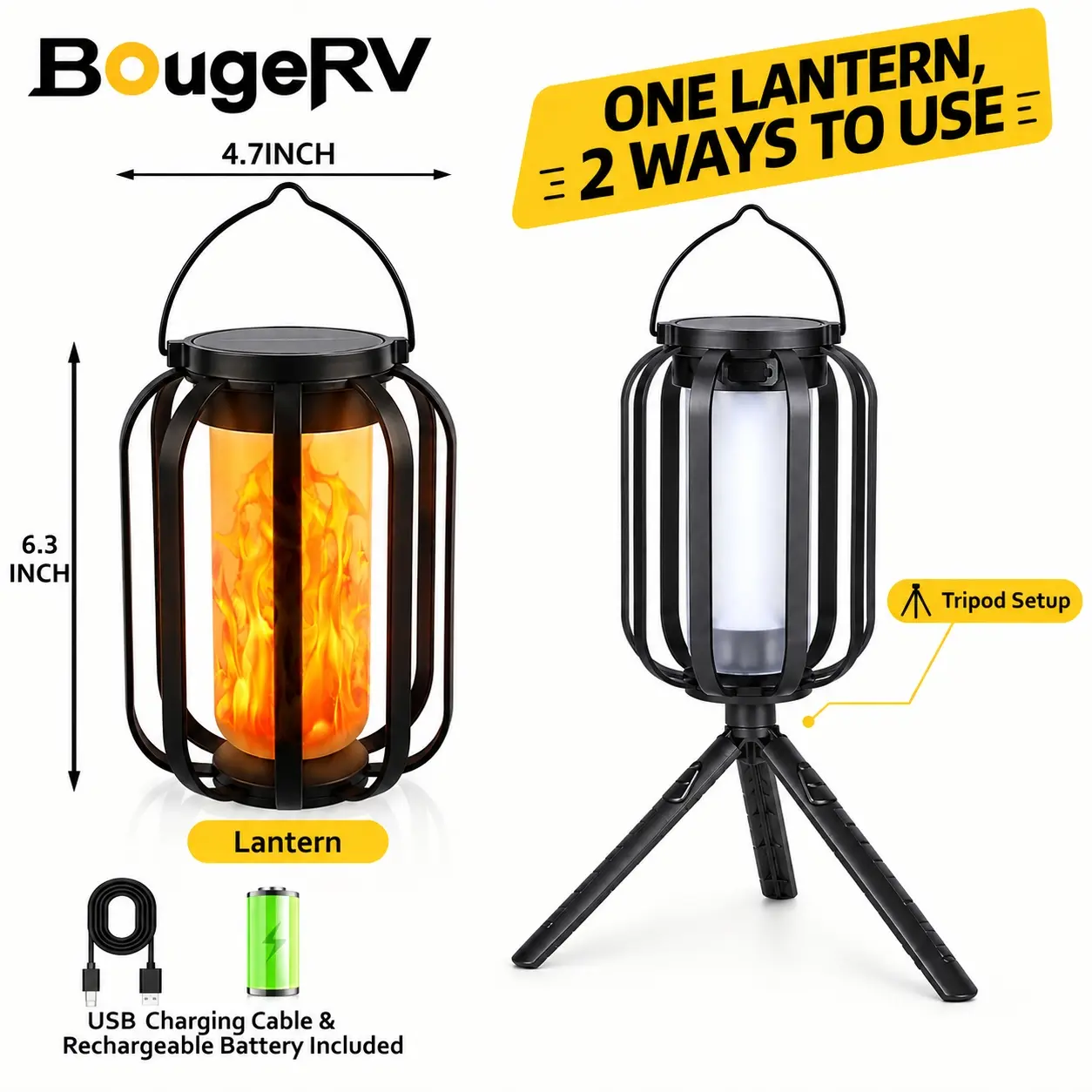 BougeRV 9 in Waterproof Solar Lanterns - Monocrystalline Silicon Panels, 25% Solar Conversion, Flicker Flame Candle Mimic, ABS Plastic, 8-12H Operation, 6.3x4.7x3.3in Base, Garden Glow Light, Patio Lighting, Auto Dusk-On, Gift Idea