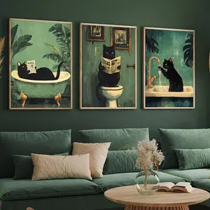 Cat & Bathroom Pattern Canvas Painting, 3 Counts/set Modern Wall Art Painting, Wall Art Decor for Home Living Room Bedroom Office, Ornaments, Print