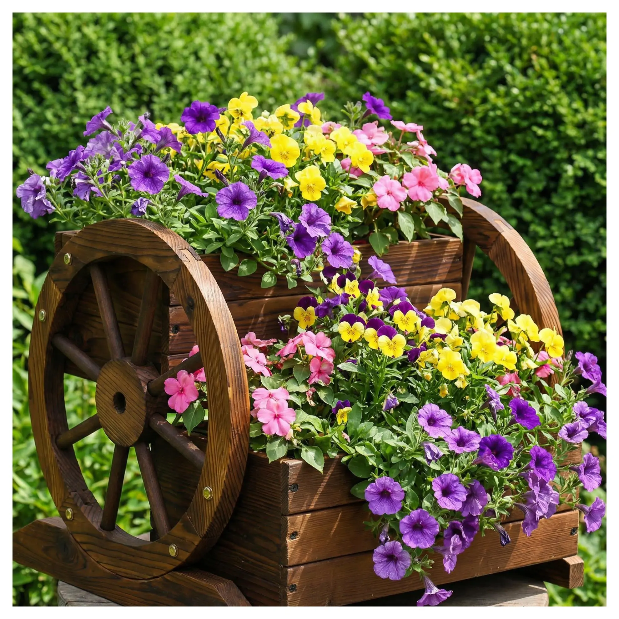 Wooden Wagon Planter Box with 2-Tier Flower Cart Design