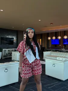 Aya Pocket Set Women's Red Ankara Cotton Crop Top & Shorts Set with Matching Accessories Lightweight Breathable Everyday Wear Casual Clothes Fabric Outfit