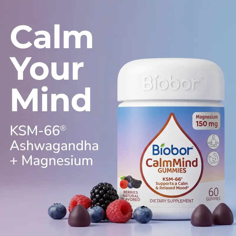 Biobor CalmMind Magnesium Gummies with KSM-66  Ashwagandha, Triple Magnesium Complex, Calm & Relaxation Support, GMP Certified & COA Tested, Non-GMO, Gluten Free, Vegetarian, Mixed Berry 60 Count