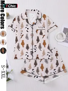 Women's Spring Summer Sleepwear Pajamas Set, Cute Cat Family Floral Print, Casual Fitted Shirt & Elastic Shorts, Valentine's Day Gift
