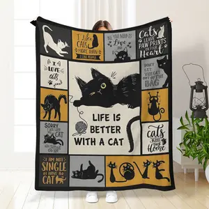 Flannel Cat Blanket, Black Suitable for Cat Lovers, Home Decoration, Travel, Letter Print Blanket