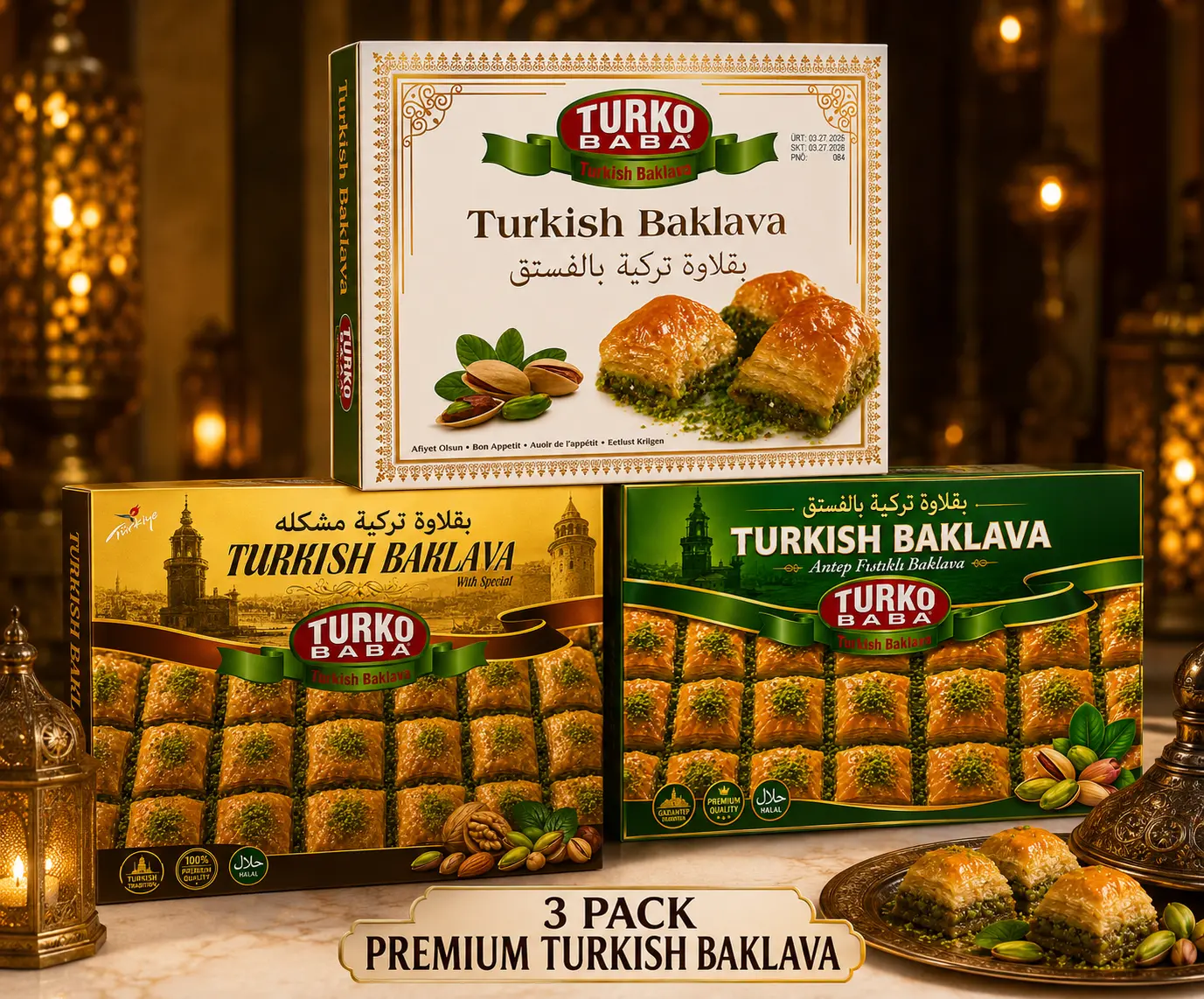 Turko Baba Premium Turkish Baklava Variety Pack (3 Boxes) | Authentic Pistachio Baklava Gift Set