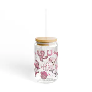 Cowgirl West Cowboy Retro Iced Coffee Cup 16oz Custom Glass Cup with Lid and Straw, Bridesmaid Proposal Gift coffee Sipper
