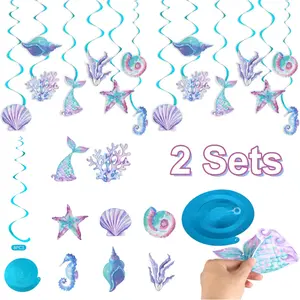 2 Sets Oceanic Paper Decorations Kit - Mermaid, Seashell, Starfish, Seahorse, Spiral Designs, Mermaid Swirl Ceiling Hanger for Wedding, Birthday Party Decorations, Two Sets