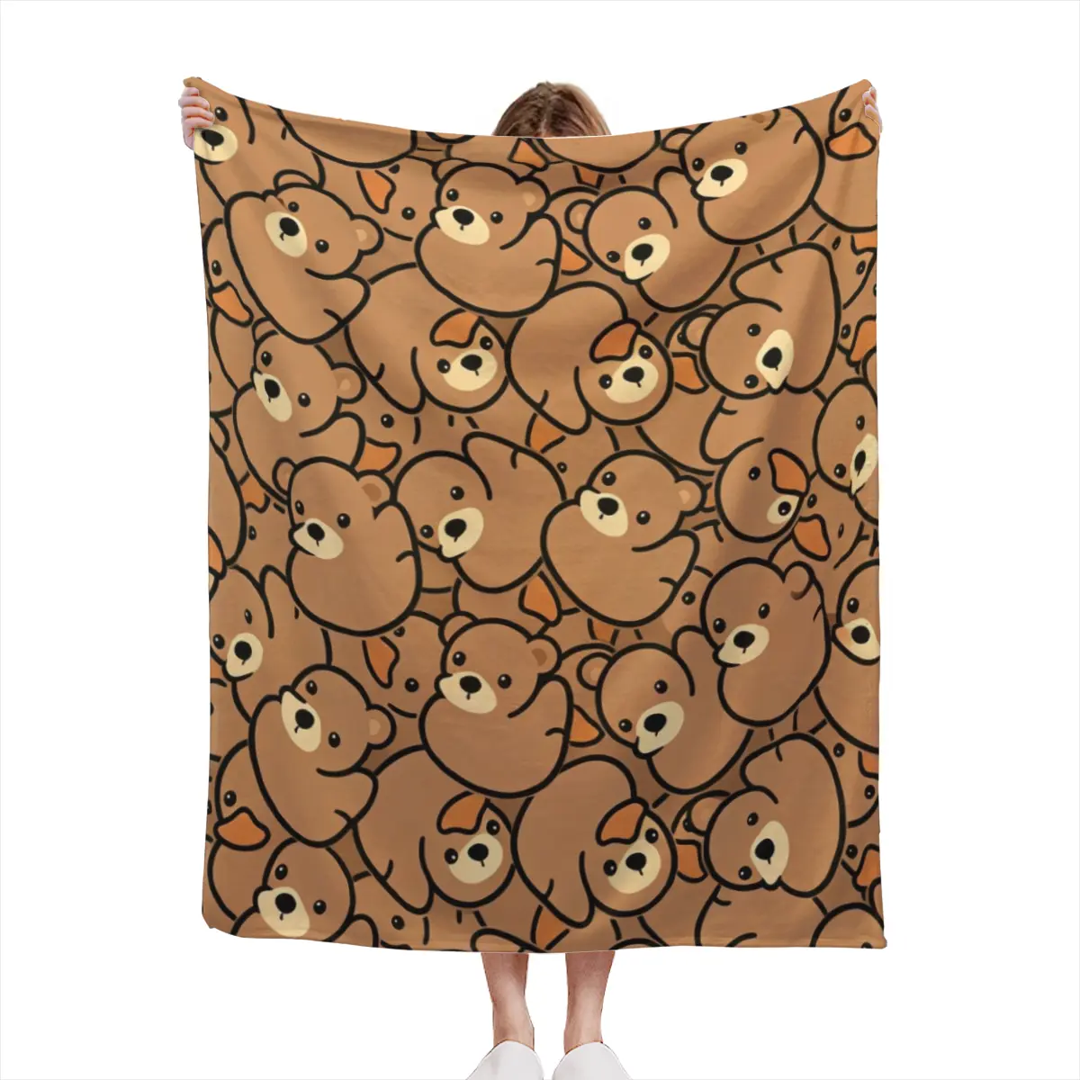 Brown Teddy Bear Print Throw Blanket, Classic Cute Bear Flannel Blanket, Neutral Aesthetic Soft Cozy Decor Blanket