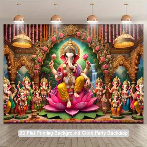 2D Flat, 1pc Indian Hindu God Ganesha Wall Hanging Tapestry - Vibrant Pink, Red, Golden & Purple for Lotus Flower Design with Ganesha Sculpture - Self-Adhesive Polyester Fabric Backdrop for Diwali, Weddings, Birthdays, Photo Studio Decorations - No