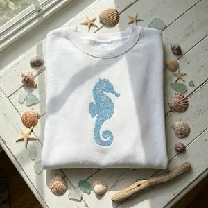 Seahorse Ocean Dream Embroidered Sweatshirt, Coastal Aesthetic Crewneck, Beach Lover Graphic Sweater, Nautical Sea Life Pullover, Soft Cozy Cotton Fleece, Summer Beach Outfit, Gift for Ocean Lovers, Minimalist Coastal Streetwear, TikTok Trend Sweater