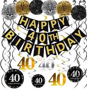 Black & Gold Glittery Happy 40th Birthday Banner, Poms, Sparkling 40 Hanging Swirls Kit for 40th Party Decor