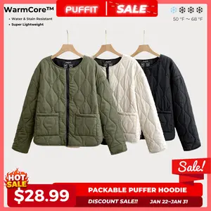 【Clearance】PUFFIT Women's Thin Round Neck Quilted Comfort Jacket, Perfect for Womenswear Layering or Casual Outerwear Ladies Quilted Round Neck Machine Washable Coat