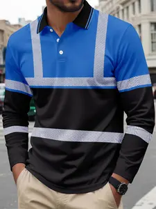 Men's Long Sleeve Polo Shirt, Striped Print Casual Fitted Top, Breathable Comfortable Button Front, Spring & Fall Fashion