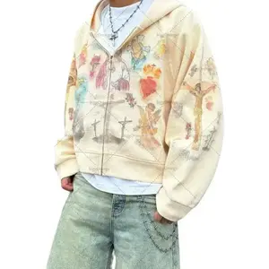 American Retro Casual Oversized Sweatshirt Harajuku Punk Cross Print Zipper Hoodie Men Street Trend Brand Clothing Jacket