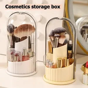 Rotating Makeup Organizer Clear Waterproof Dustproof Cosmetic Storage for Lipstick Brushes Eyeshadow 360-degree Rotation Cylinder Shape Divided Compartments Cream Yellow organizador de brochas