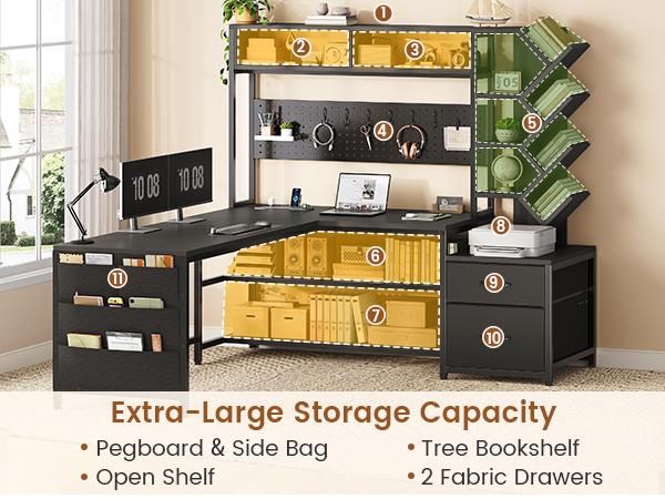 SEDETA L Shaped Gaming Desk with Hutch, Convertible 97.6" Two Person Office Desk with Drawers and Bookshelf, Corner Computer Desk with Power Outlet, LED Lights, Pegboard