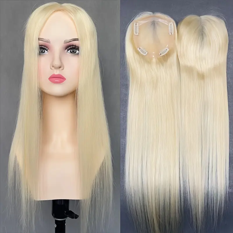 Women's Straight Remy Human Hair Topper, 6x6 in Clip-In Female Piece with Hand-Tied Mono Base, Blonde #60, 130% Density, Flexible Design for Natural Hairline, Seamless Integration, Swimming & Wash Compatibility, Perfect Integration, Straight Cut