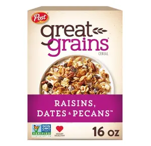 Great Grains Raisins Dates and Pecans Breakfast Cereal, Raisin Cereal with Sweet Dates and Granola Clusters, Non-GMO Project Verified, 16 OZ Box