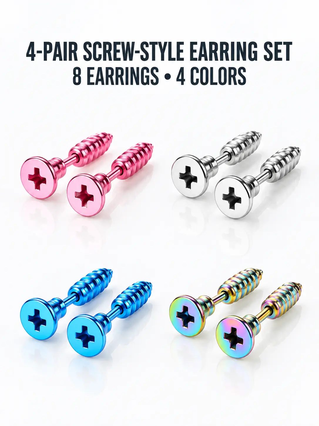 Unisex Stainless Steel Phillips Head Screw Stud Earrings Set (4 Pairs, 7mm & 25mm) - Bold Y2K Punk Streetwear Jewelry, Earrings for Women