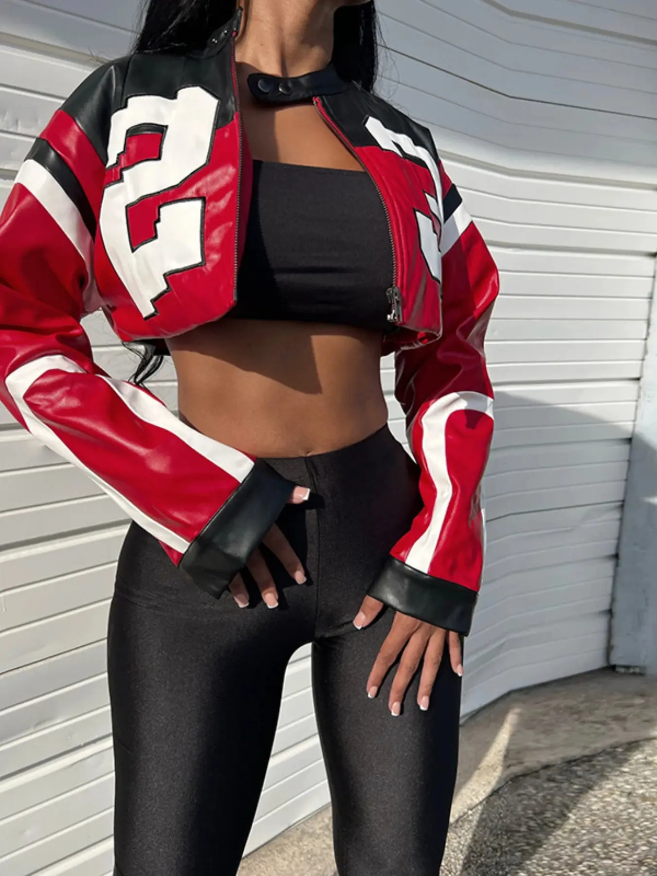 Women's Fashion Motorcycle Jacket, Colorblock Patchwork Design, Slim Fit Faux Leather Outerwear, Casual Street Style Coat, Trendy Outerwear, Womenswear