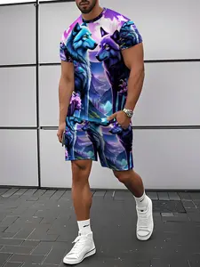 Men's 3D Printed Short Sleeve Set, Fashion Trendy Starry Sky & Wolf Pattern Casual Sportswear, Men's Summer Outfit Set