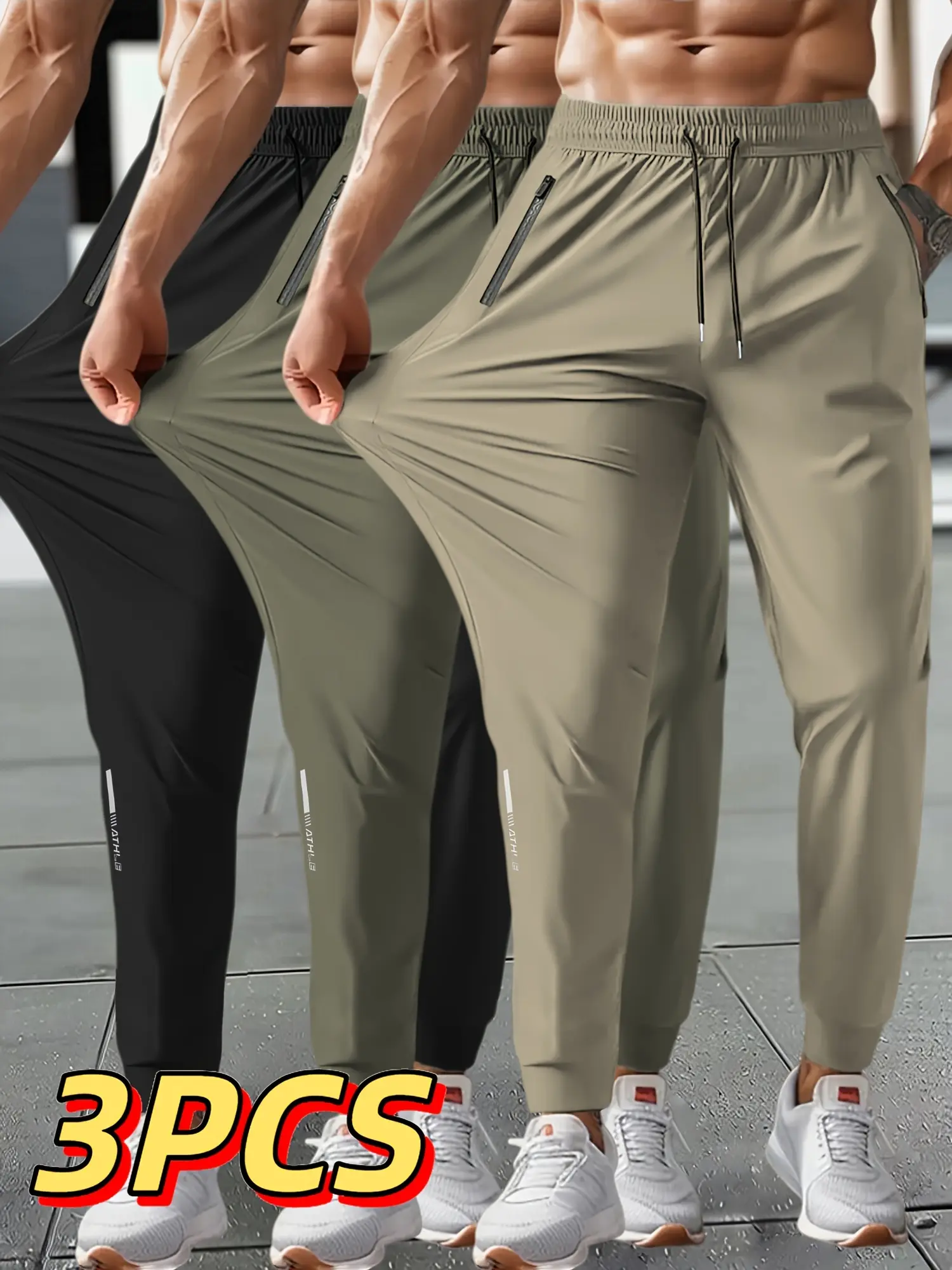 3-pack men’s summer solid-color jogger sweatpants made from high-elastic fibers, featuring ribbed cuffs and reflective stripes at the leg openings; regular fit with zippered pockets; breathable and comfortable—ideal for running training.